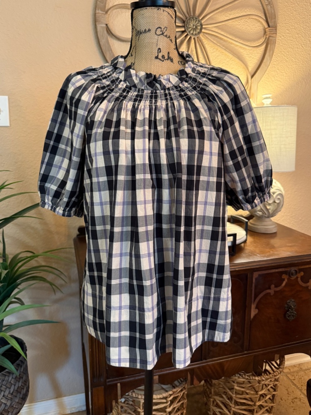 J.Crew Black and Cream Plaid Smocked Neck Top